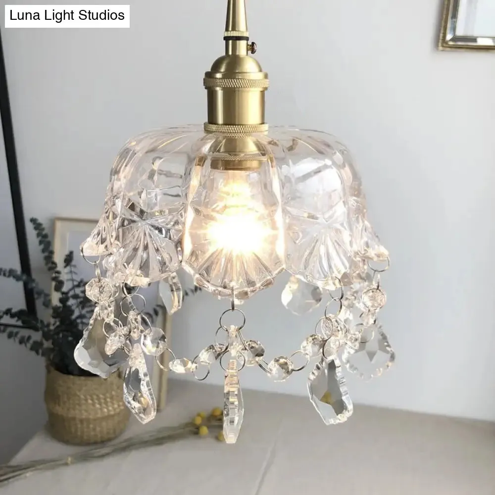 Vintage Brass Pendant Light with Clear Glass Shade and Crystal Drip - Floral inspired Dining Room Suspension Light