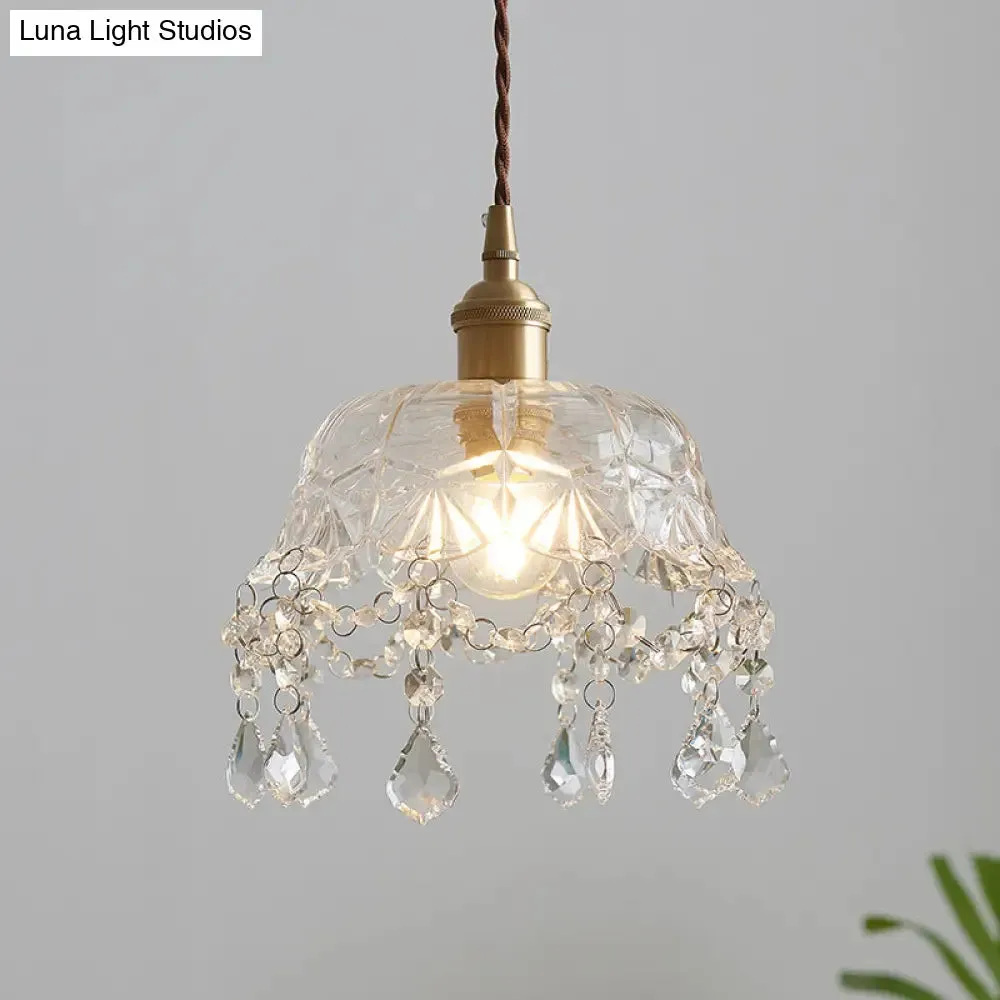 Vintage Brass Pendant Light with Clear Glass Shade and Crystal Drip - Floral inspired Dining Room Suspension Light